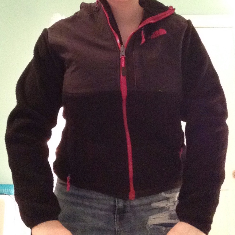 black North Face jacket with pink trim
